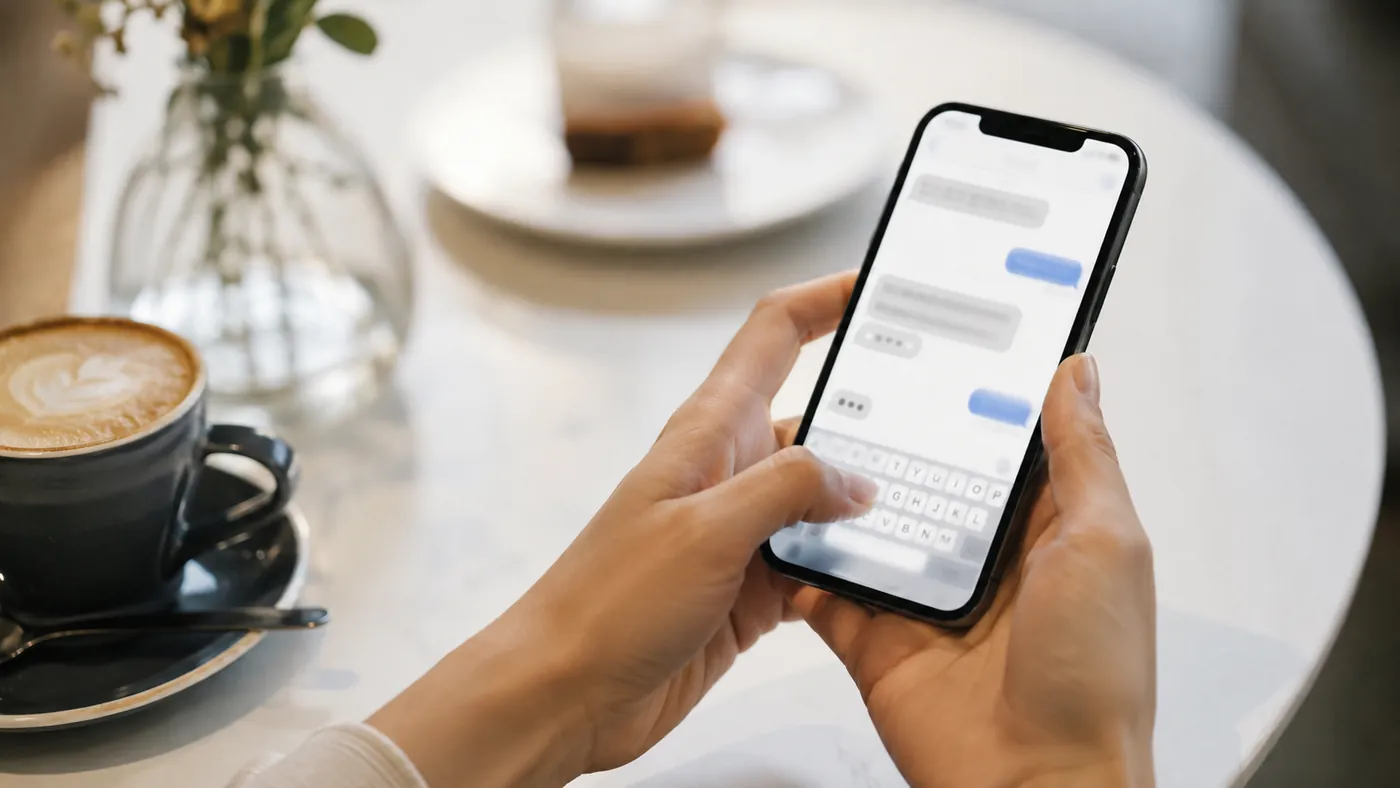 カフェのテーブルでスマートフォンのメッセージ画面を操作する両手
